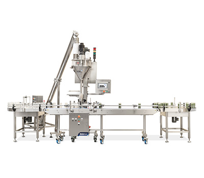 Auger container filling and indexer screw conveyor for powder packaging